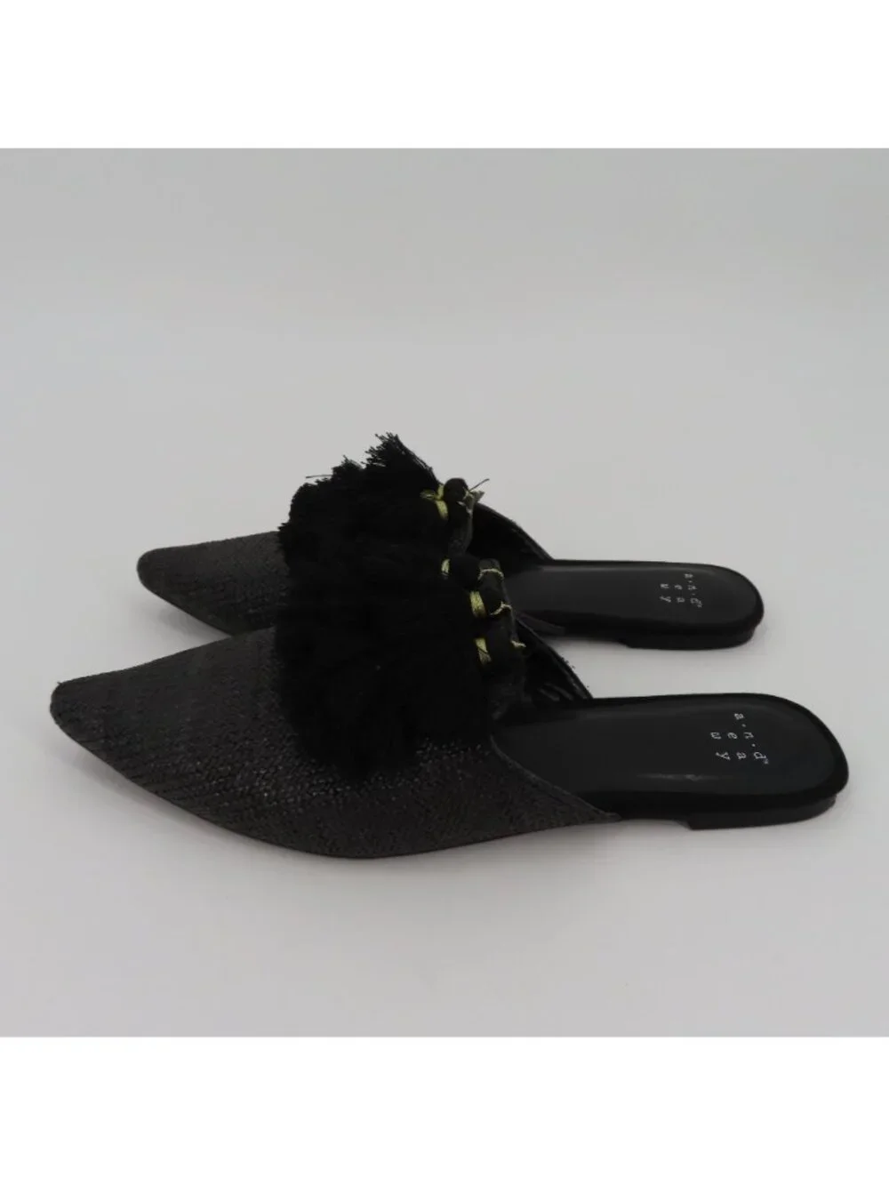 A New Day Women 8 Black Pointed Toe Synthetic Woven Tassel Slides Flats Shoes